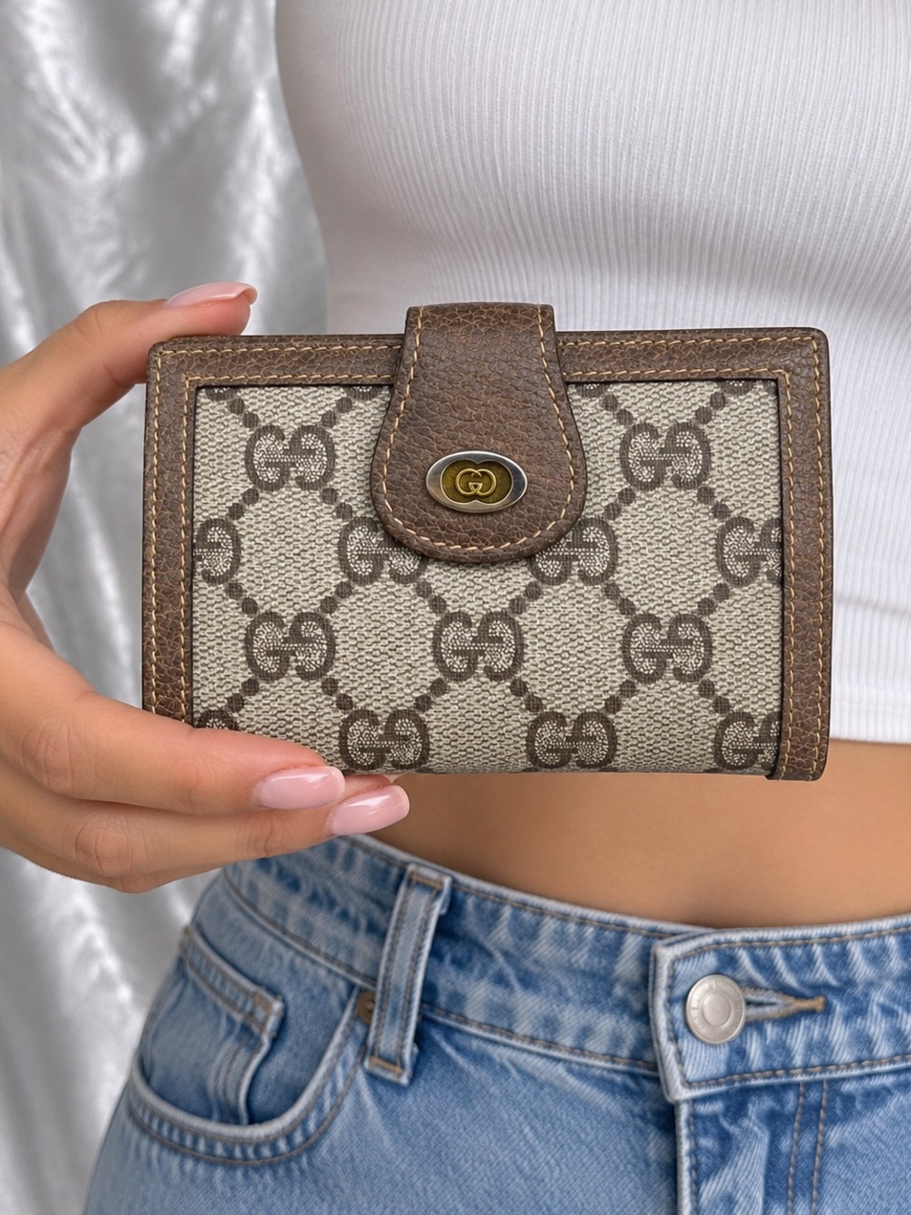 Vintage Gucci GG Monogram Bifold Wallet Brown Leather Turn Lock Italy